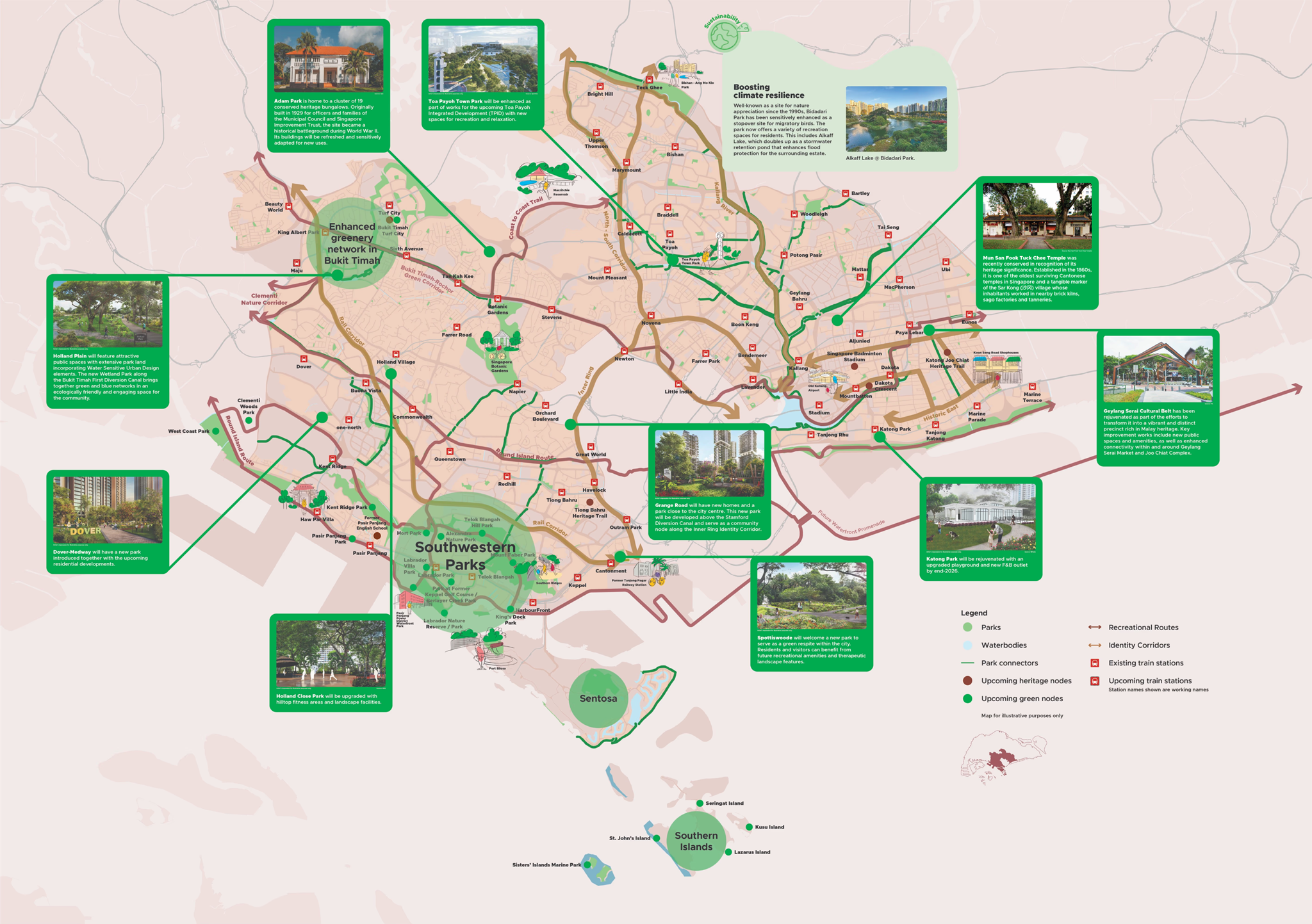 Singapore's parks and recreational routes map showing green nodes, heritage nodes, and train stations. A key with symbols is included.